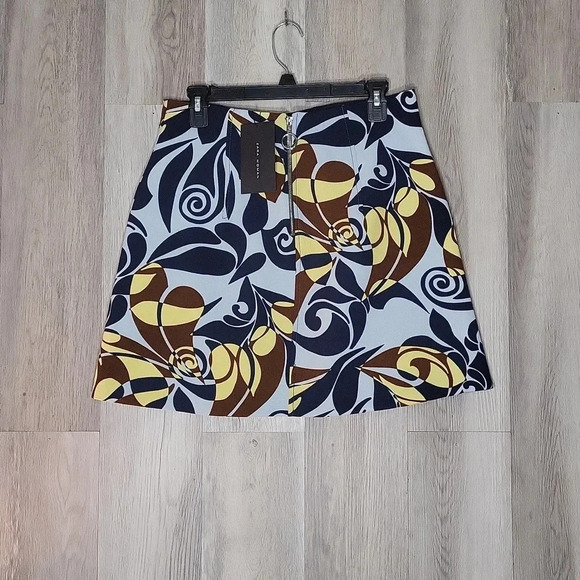 Zara Woman Blue‎ Yellow Brown Abstract Floral Back Zip A Line Skirt Womens Large - Picture 1 of 10
